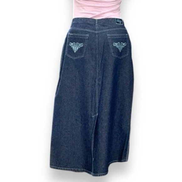 Y2K Moto Blue Denim Maxi Skirt Contrast Embroidery Pocket Womens Plus Size 21/22 - Picture 2 of 16